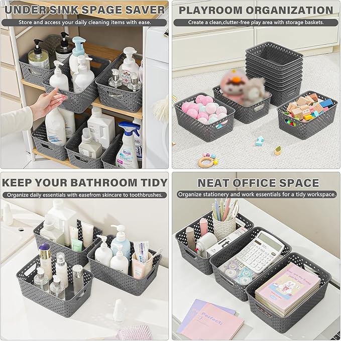 12 Pack Plastic Storage Baskets for Organizing, Storage Baskets for Shelves with Handles, Small Storage Bins with Labels, Organizer Baskets for Cabinet,Closet, Office,Gray