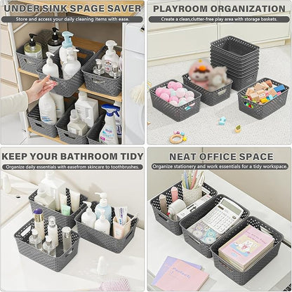 12 Pack Plastic Storage Baskets for Organizing, Storage Baskets for Shelves with Handles, Small Storage Bins with Labels, Organizer Baskets for Cabinet,Closet, Office,Gray
