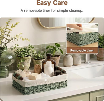 StorageWorks Small Baskets for Organizing with Handles and Liner, Wicker Toilet Paper Basket for Back of Toilet, Green Paper Rope Bathroom Basket Organizer and Storage for Sage Green Decor, 2 Pack