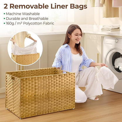 GREENSTELL Storage Basket with Lid, 42.3 Gallon(160L) Lagre Wicker Blanket Storage Basket with Handles, Foldable, 2 Removable Liner Bags, Metal Frame, for Bedroom, Laundry Room, Brown,30"*18.1"*18.1"