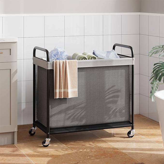 ELYKEN Laundry Hamper 3 Section, 120L Rolling Laundry Sorter with Removable Liner Bag, Laundry Basket with Wheels, Steel Frame with Metal Handle, Clothes Hamper Cart for Laundry Room & Bedroom