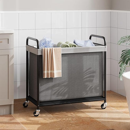 ELYKEN Laundry Hamper 3 Section, 120L Rolling Laundry Sorter with Removable Liner Bag, Laundry Basket with Wheels, Steel Frame with Metal Handle, Clothes Hamper Cart for Laundry Room & Bedroom