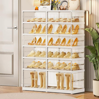 CIMLORD 6-Tier Foldable Shoe Rack for Closet Entryway 12-24Pairs,Stackable Clear Shoe Storage Boxes Organizer with Door Plastic Shoe Cabinet Bins with Lids Shoes Shelf Easy Assembly Large White