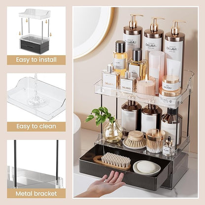 Delamu Bathroom Organizers and Storage, 2 Tier 2 Drawer Makeup Organizer Countertop, Easy to Install, Ideal for Bathroom Counter, Vanity, Large Skincare, Perfume, Present, Desk and More, Black