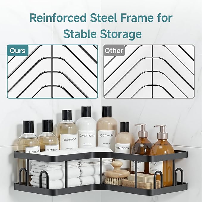 Veken Corner Adhesive Shower Caddy 3-Pack with Soap Holder&Hooks,No Drilling Shower Shelves,Rustproof & Waterproof Bathroom Organizers and Storage,Rack for Small Spaces, Kitchen&Rental-Friendly,Black
