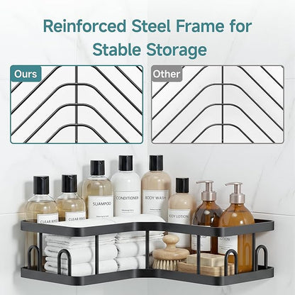 Veken Corner Adhesive Shower Caddy 3-Pack with Soap Holder&Hooks,No Drilling Shower Shelves,Rustproof & Waterproof Bathroom Organizers and Storage,Rack for Small Spaces, Kitchen&Rental-Friendly,Black