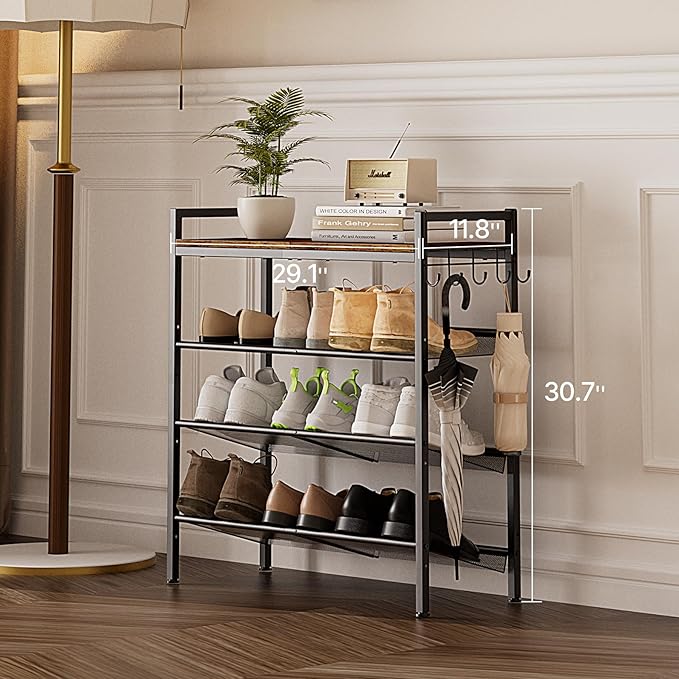 4 Tier Shoe Rack, Shoe Rack for Entryway with Hook, Shoe Organizer with Adjustable Mesh Shelves, Metal Shoe Storage, Closet, Bedroom Living Room Garage