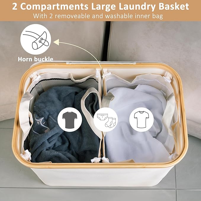 iEGrow 150L Laundry Basket with Lid, Large Laundry Hamper with Bamboo Handle, Collapsible Dirty Clothes Hamper Organizer with 2 Removable Inner Bags for Clothes Towels - Beige