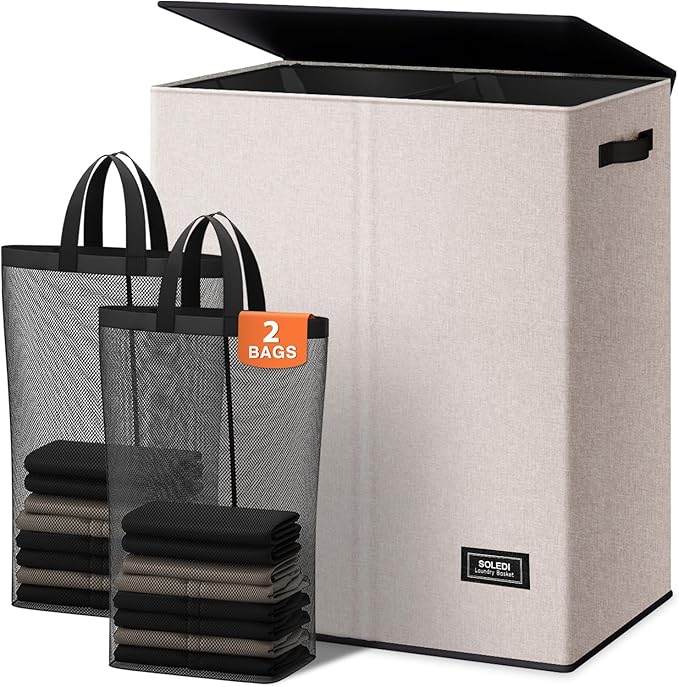 SOLEDI Large Double Laundry Hamper with Lid, Collapsible Clothes Hamper 2 section with Removable Bags, Space-Saving Laundry Basket for Bedroom, Dorm, College