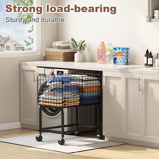 Wire Laundry Hamper Cart,Rolling Laundry Carts with Pull Handle,Black Tall Laundry Basket,Commercial Wire Laundry Hamper Cart-23.6 * 15.75 * 28 inches