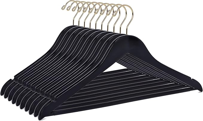 Quality Wooden Hangers - Slightly Curved Hanger 90 Pack Sets - Solid Wood Coat Hangers with Stylish Chrome Hooks - Heavy-Duty Clothes, Jacket, Shirt, Pants, Suit Hangers(Black - Gold Hook, 90)