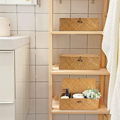 Hipiwe Seagrass Storage Basket Bin with Lid Rectangular Woven Shelf Baskets for Closets Pantry Bathroom Kitchen Shelf Organizing, Caramel,14.2" x 6.3''x 4.7''