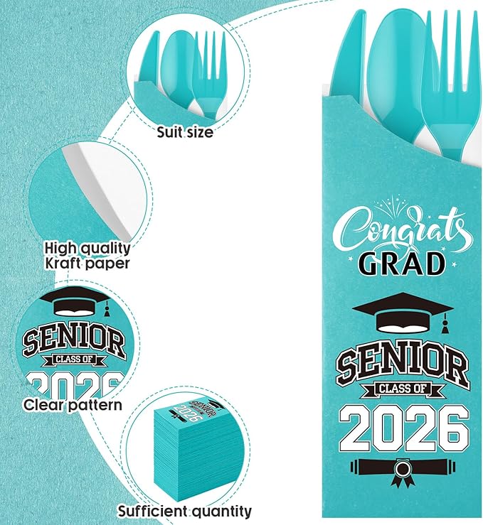 Funnymoom 400 Pcs 2026 Graduation Wrapped Silverware Bags Holder - Disposable Dinnerware Set Includes Plastic Spoons Knives and Forks, Class of 2026 Parties School Congrats Supplies(Lake Blue)