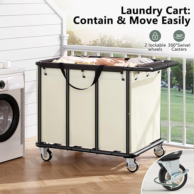 FAVOOSTY 470L Heavy Duty Commercial Laundry Cart with Wheels,Industrial Rolling Laundry Hamper, Extra Large Laundry Basket, Metal Frame for Hotel/Hospital/Home, 440lbs (Beige)