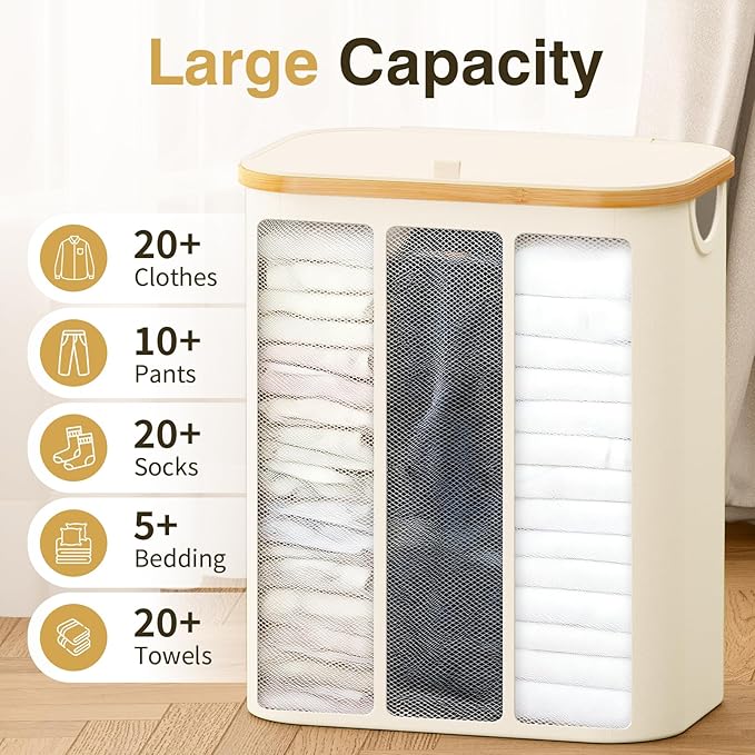 Hampers for Laundry Basket with Lid, 160L Extra Large Laundry Hamper 3 Section Dirty Clothes Hampers for Laundry Divided Laundry Basket Organizer for Bedroom,Laundry Room, Dirty Clothing Hamper, Beige