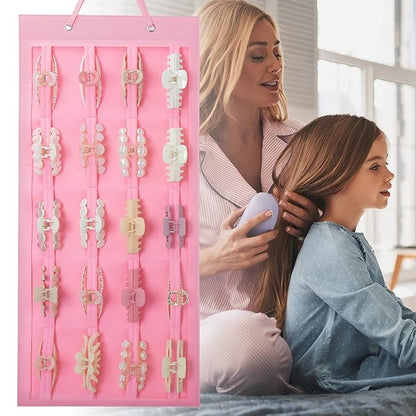 SMUK Hanging Hair Claw Clip Holder Organizer for Women Girls, Large Claw Clip Storage for Wall, Door, Pink Hair Accessories Organizer Display
