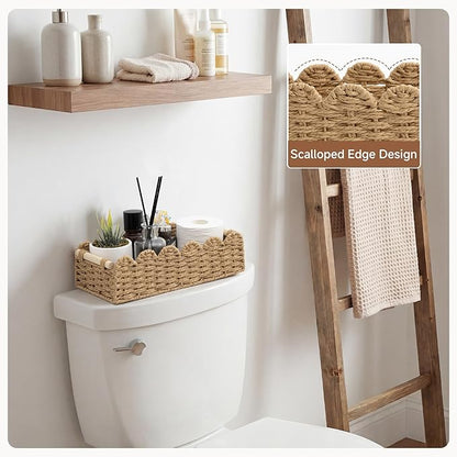 StorageWorks Toilet Paper Storage Basket, Toilet Basket with Wooden Handles, Small Wicker Decorative Scalloped Baskets for Organizing, Living Room, Top Tank, Brown Rope Baskets