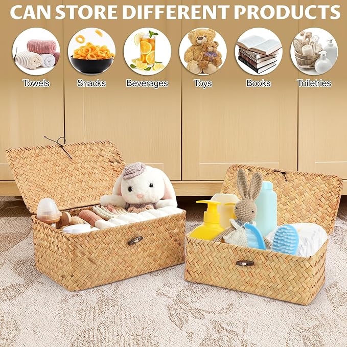 3Pcs Wicker Storage Baskets with Lid, Handwoven Seagrass Basket Bins Decorative Storage Rectangular Boxes for Shelves Desktop Home Organizer