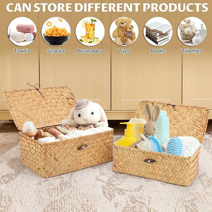 3Pcs Wicker Storage Baskets with Lid, Handwoven Seagrass Basket Bins Decorative Storage Rectangular Boxes for Shelves Desktop Home Organizer