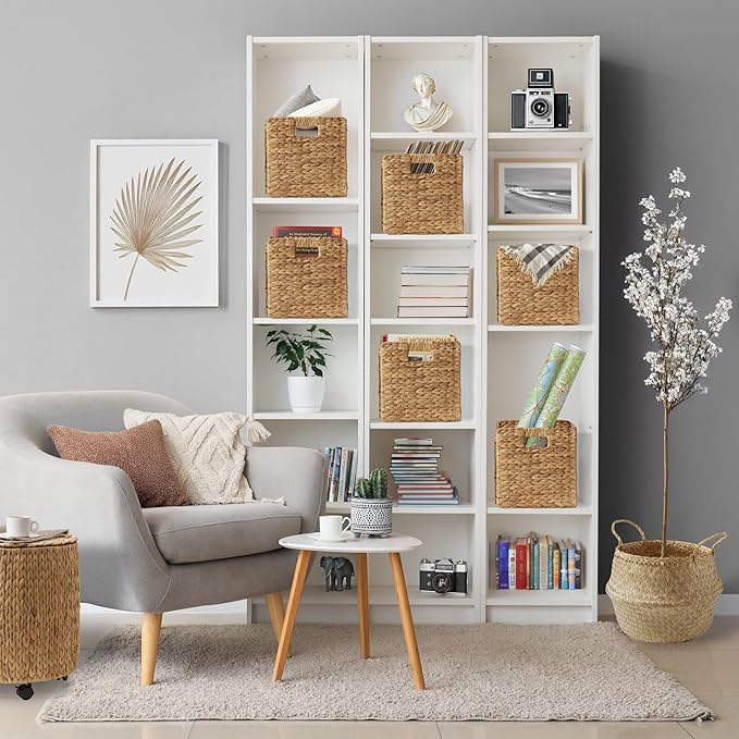 Casafield 12" x 12" Water Hyacinth Storage Baskets, Natural - Set of 6 Collapsible Cube Organizers, Woven Bins for Bathroom, Bedroom, Laundry, Pantry, Shelves