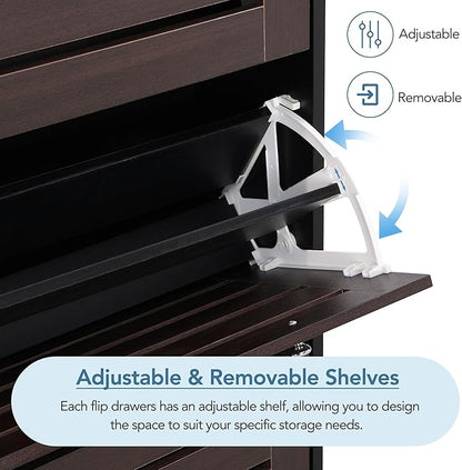 Classic Shoe Cabinet with 3 Flip Doors Free-Standing Wooden Shoe Rack Shoe Storage Organizer for Entryway Hallway Small Space (Black&Dark Brown)