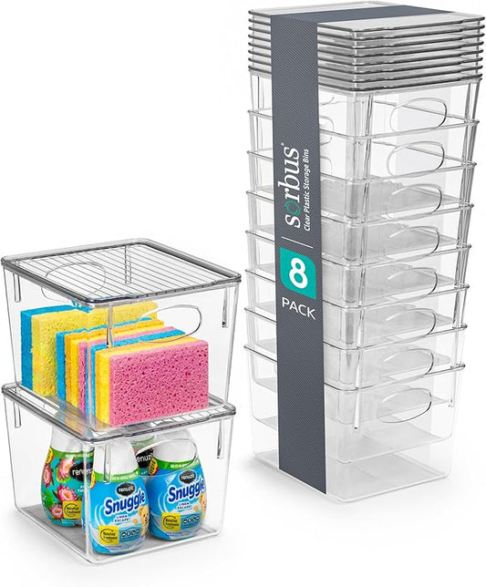 Sorbus Medium Clear Plastic Storage Bins with Lids, Clear Stackable Storage Bins, Laundry Room Organizer Bins, Office, Classroom, Playroom, Bathroom, Laundry Room Organization and Storage (8 Pack)
