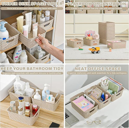 12 Pack Plastic Storage Baskets for Organizing, Storage Baskets for Shelves with Handles, Small Storage Bins with Labels, Organizer Baskets for Cabinet,Closet, Office,Natural