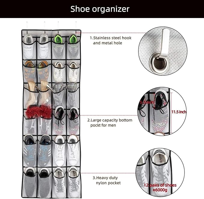 for Hanging Shoe Organizer, Over The Door Shoe Organizer with 24 Mesh Large Pockets