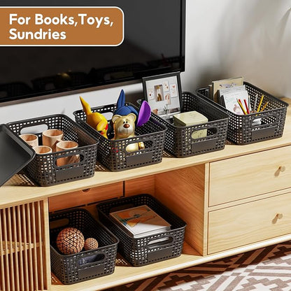8 Pcs Plastic Storage Baskets with Plastic Lids and Labels 5.29qt Stackable Box Basket Pantry Decorative Containers, Small Storage Bins for Shelves Drawers Closets Bedrooms Office Cabinets 10*7.2*4.1"