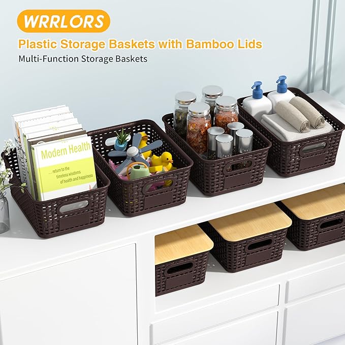 Plastic Storage Baskets with Bamboo Lids and Labels, Stackable Storage Containers, Storage Bins for Organizing Shelves Drawers Desktop Closets Office, 6 Packs-Brown