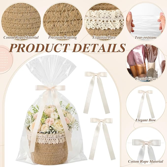3 Pcs Small Woven Basket, Empty Gifts Basket with Gift Bags and Ribbons, 4x4x4 Inch Boho Organizer Box for Baby Shower, Birthday, Bridal Shower, Wedding, Present, Pen Pencil Makeup Brush Holder