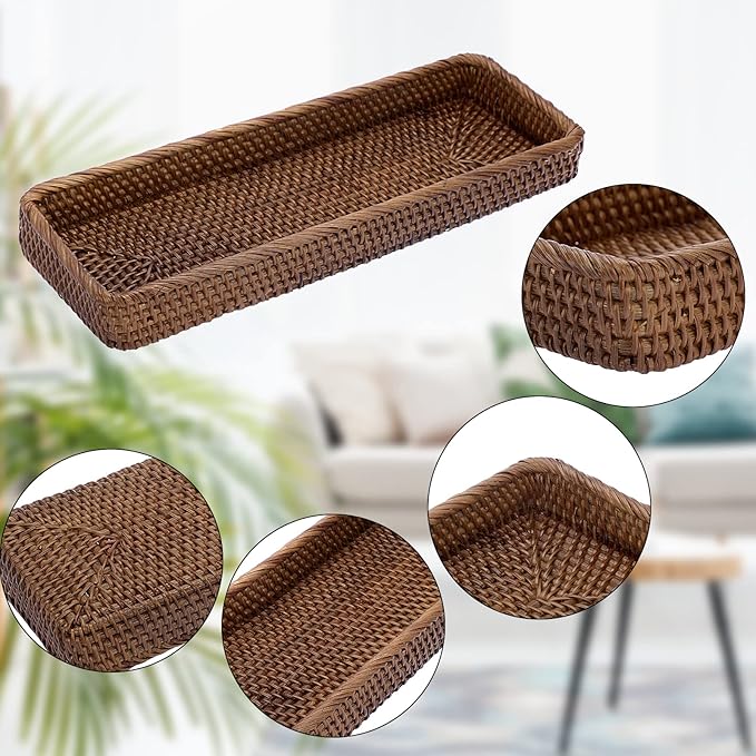 Sumnacon 16 Inch Rattan Bathroom Vanity Tray - Decorative Wicker Toilet Tank Tray for Paper Hand Towel,Vintage Storage Basket Bin for Bathroom Kitchen Toilet Tank Vanity Countertop Table Shelf,Brown