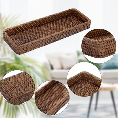 Sumnacon 16 Inch Rattan Bathroom Vanity Tray - Decorative Wicker Toilet Tank Tray for Paper Hand Towel,Vintage Storage Basket Bin for Bathroom Kitchen Toilet Tank Vanity Countertop Table Shelf,Brown