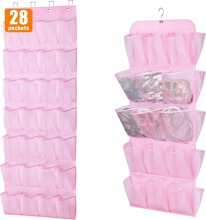 MISSLO Pink Hanging Shoe Organizer 30 Pockets with Rotating Hanger 28 Large Pockets Over The Door Shoe Rack