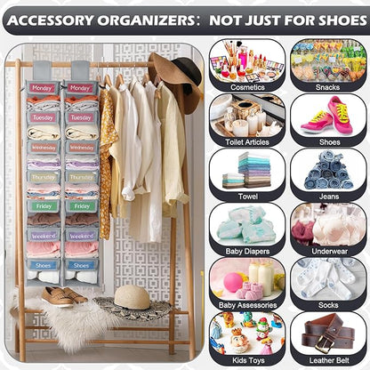 2 Pack 7 Shelf Weekly Clothes Organizer Hanging Closet for Kids with Side Pockets Weekday Shoes Rack Weekly Clothes Organizers Monday Through Weekend Foldable Storage Shelves(Gray)
