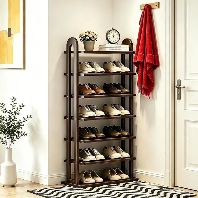 Vertical Shoe Rack - 7 Tier Tall Narrow Shoe Rack Organizer for Small Spaces, Skinny Shoe Shelf Space Saving Shoe Storage, Solid Wood Shoe Shelf for Entryway, Closet, Corner, Doorway, Walnut