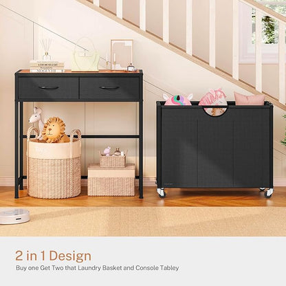 Laundry Sorter 3 Section with Tabletop & 2 Drawers, Rolling Laundry Hamper with Pull-Out and Removable Bags, Laundry Basket Organizer with Wheels and Shelf, Metal Frame Rustic Brown for Laundry Room