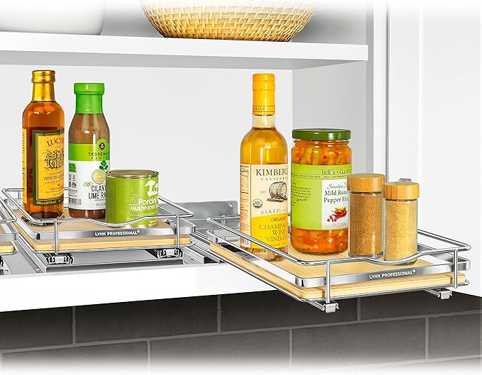 LYNK PROFESSIONAL® Élite™ Pull Out Spice Organization for Cabinets - 8-3/8 inch Wide – Spice Rack for Inside Cabinets – Wood/Chrome - Sliding Spice Rack Organizer for cabinet – Spice Rack - 1 Tier