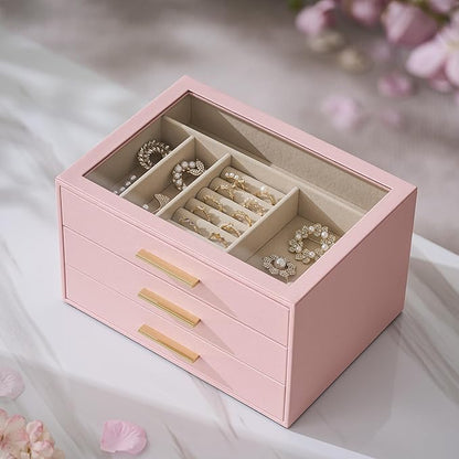 pickpiff Jewelry Box Organizer Case for Women: 3-Layer Jewelry Storage Case with Glass Window, Pink Leather with Velvet Holder for Ring Necklace Bracelet Brooch Watch, Great Gift for Her