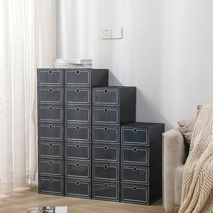 24 Pack Stackable Shoe Boxes with Clear Lids - Foldable Shoe Storage Organizer for Closet Cabinet, Color Options for Sneakers Flats Home Organization (Black)