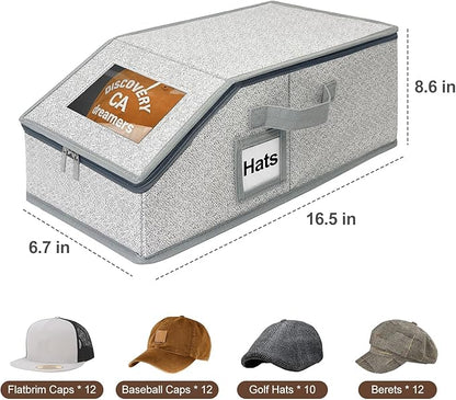 2 Pack Stackable Baseball Cap Organizer for Closet, Holds 24 Hats Each – Hat Storage Boxes with Cardboard Support, Snapback & Fitted Cap Holder, Space-Saving Hat Rack for Men, Grey (Casual, 2, Pack)
