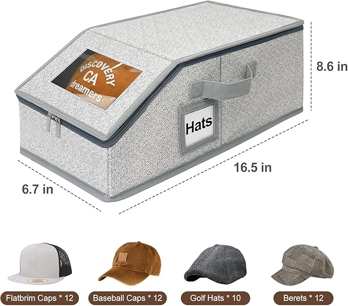 4 Pack Stackable Baseball Cap Organizer for Closet, Holds 24 Hats Each – Hat Storage Boxes with Cardboard Support, Snapback & Fitted Cap Holder, Space-Saving Hat Rack for Men, Grey (Casual, 4, Pack)