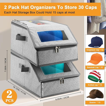 Xixter Stackable Hat Organizer for Baseball Caps- 2 PCS Featuring a Transparent Viewing Window, Hat Organizer for Closet, Holds up to 30 Caps, with Cardboard Inserts,Light Grey