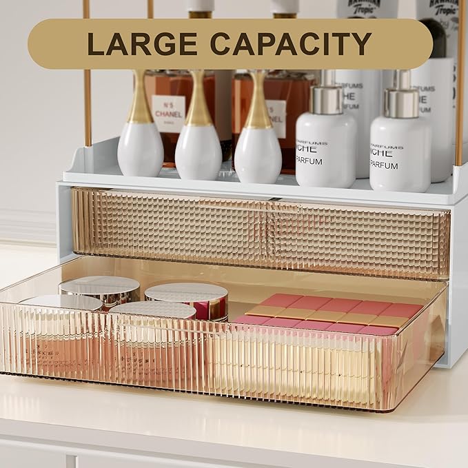 Bathroom Counter Organizer with 2-Drawer, 3 Tier Makeup Organizer Countertop, Multi-Purpose Makeup Skin Care Organizer for Vanity, Amber
