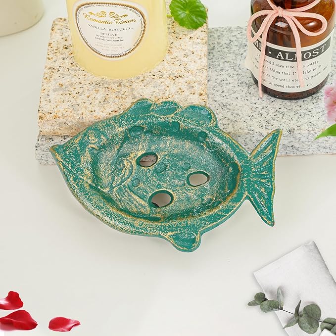 Sungmor Heavy Duty Cast Iron Soap Holder, Vintage Bar Soap Dish for Kitchen Bathroom Sink, Lovely Fish Shape & Antique Green Sponge Dish Soap Tray, Decorative Jewelry Holder Tabletop Container