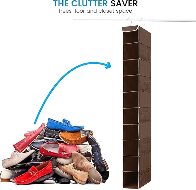 ZOBER Hanging Shoe Organizer for Closet, 10 Shelves - Hanging Shoe Rack W/Side Pockets - Narrow, Space Saving, Durable