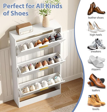 Shoe Cabinet Storage for Entryway, Shoe Cabinet with 3 Flip Drawers, White Modern Shoe Organizer Wood, Freestanding Small Thin Shoe Racks with Doors, White