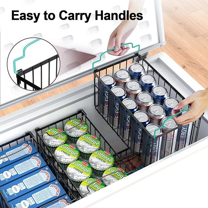 MSERCUOR Freezer Organizer Bins, 2 Pack Stackable Deep Chest Freezer Organizer Bins, Foldable Freezer Baskets with Handles, Black Freezer Storage Organizer Baskets for 5/ 7 Cu.FT Sort Frozen Meats