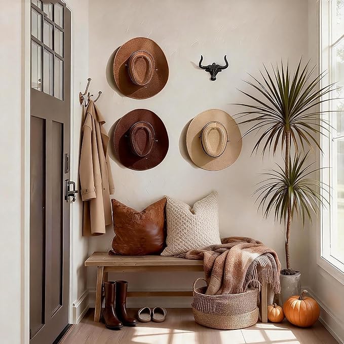 Cowboy Hat Holder for Wall, 2 Pack Cowboy Hat Rack Cast Iron Hat Holder Cowgirl Hat Hooks Vintage Western Wall Decor for Bathroom Entryway Closet Cow Bull Animal Farmhouse Gift Antique Rust (2)