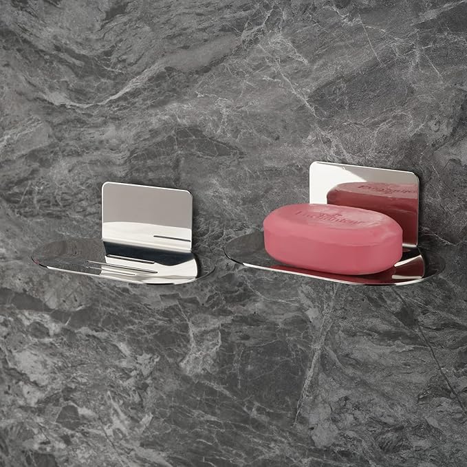 2 Pack Soap Dish for Shower, 3 Slot Self-Adhesive Soap Holder for Bathroom, Wall Mounted Shower Soap Stand, Stainless Steel Soap Tray with Adhesive Back (Reflective Silver)